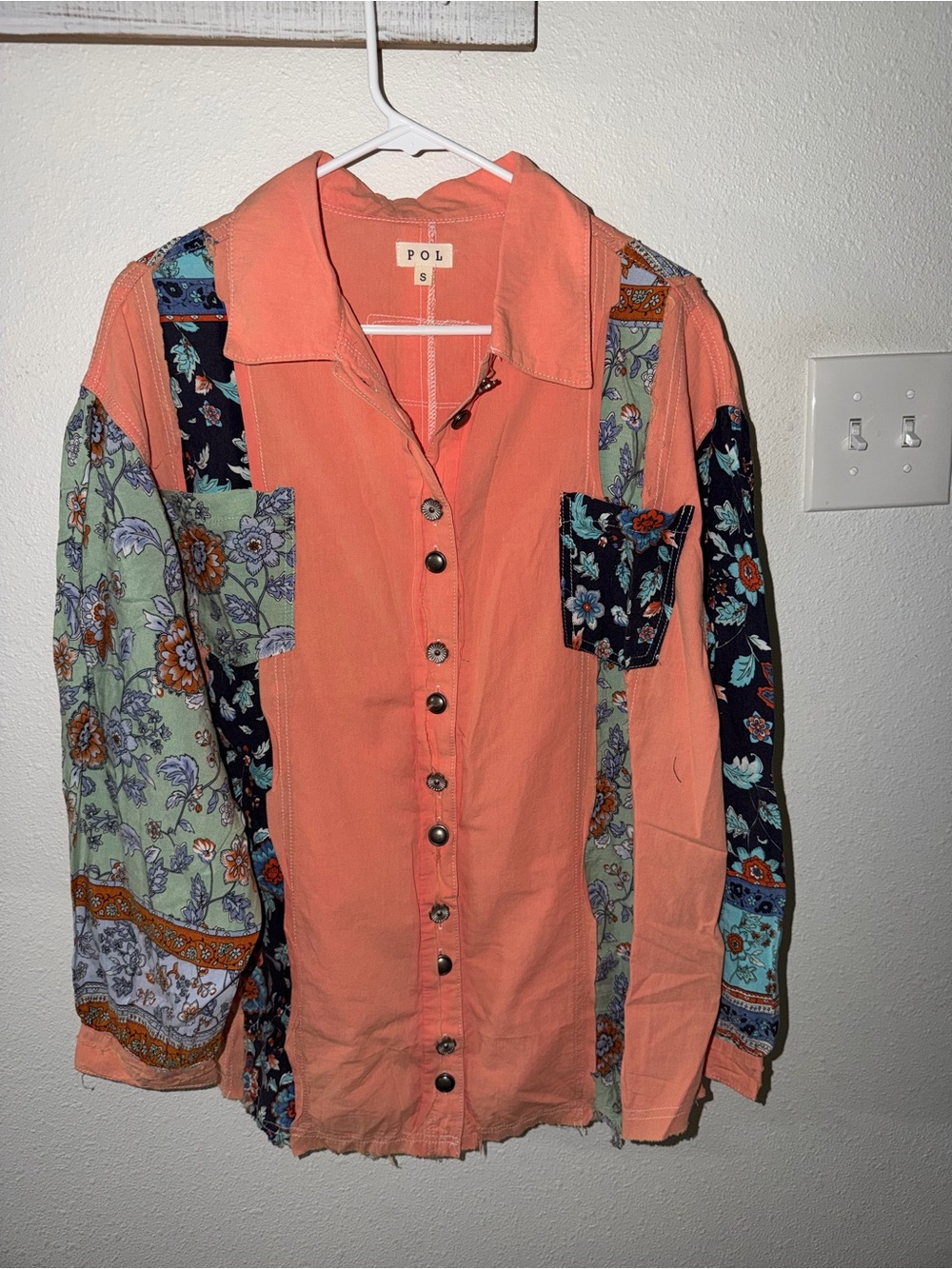 POL Coral Patchwork Floral Button-Down Shirt NWOT